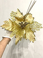 Новорічна прикраса — пуансеттія. Різдвяна квітка пуансеттії золота (25 см), фото 6