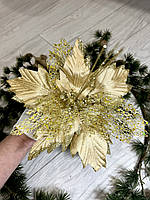 Новорічна прикраса — пуансеттія. Різдвяна квітка пуансеттії золота (25 см), фото 9