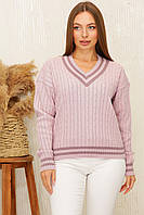 Светр жіночий в'язаний з v-подібним вирізом гарної якості теплий джемпер пуловер пудровий Oversize 50/58
