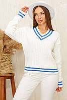 Светр жіночий в'язаний з v образним вирізом гарної якості теплий джемпер пуловер молочного кольору