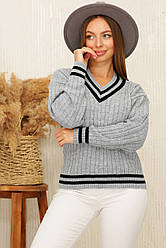 Светр жіночий в'язаний з v образним вирізом гарної якості теплий джемпер пуловер темно-сірий