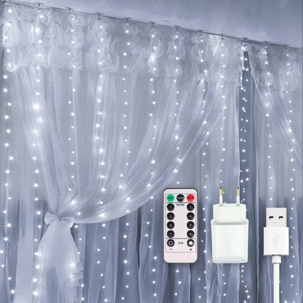 Гірлянда штора "Роса" з пультом ДК, 2x2м, від USB та мережі 220V, 160 LED, 8 режимів, IP44