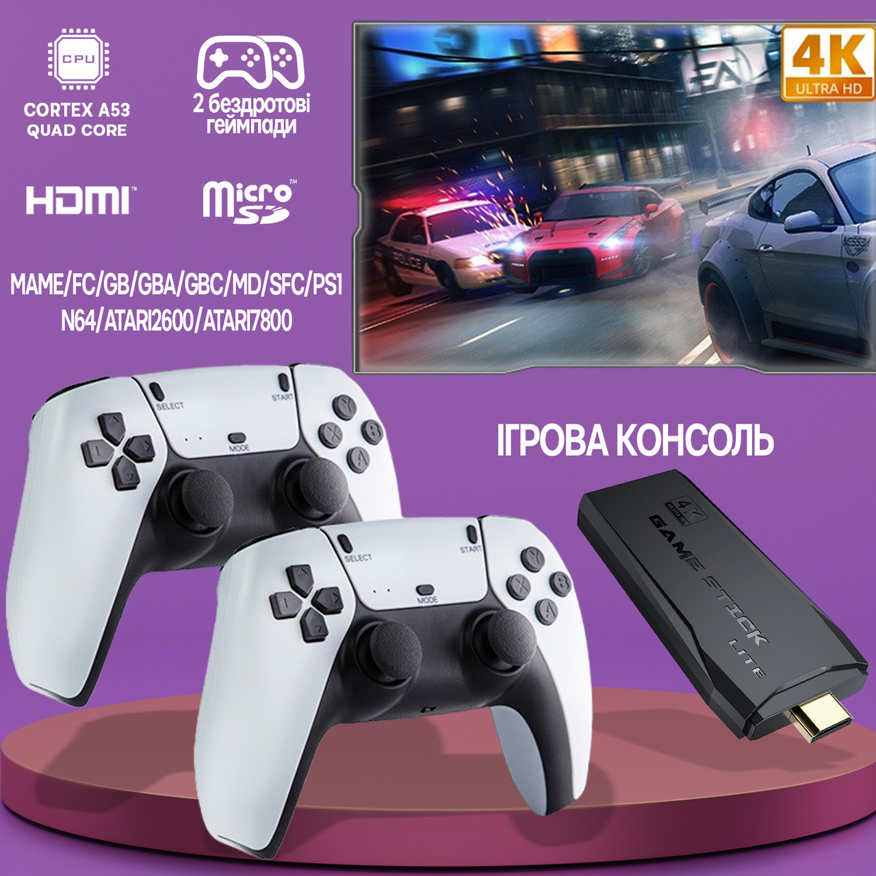 Ігрова ТВ-приставка M8-Pro 4K для TV мультимедійна консоль, 2 бездротових геймпада, слот microSD, фото 1