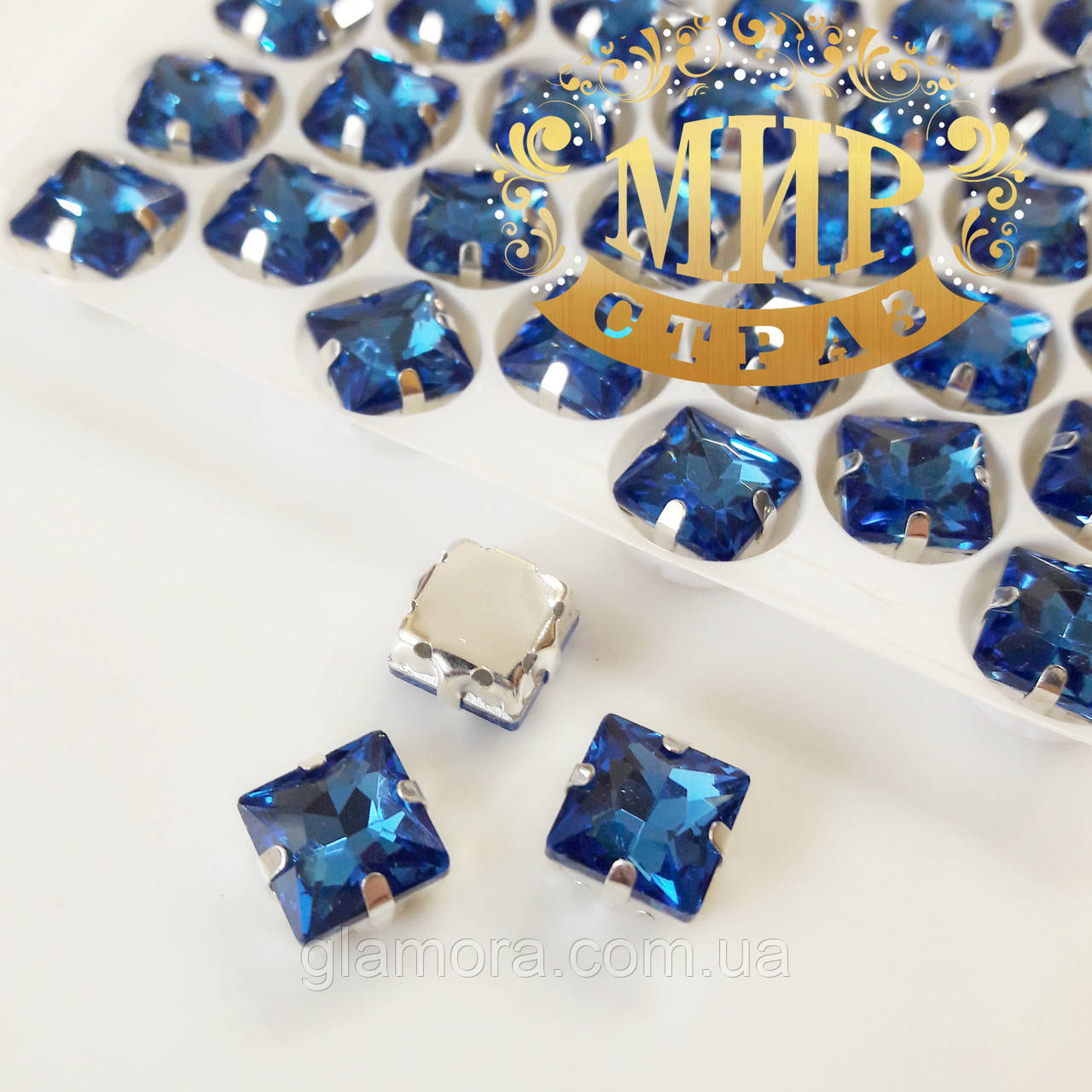 Стрази в ланцюгах Квадрат, розмір 8х8 мм, колір Sapphire