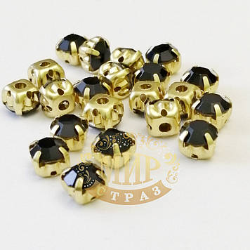 Круглі стрази чатони в золотих цапах, розмір 6 мм, колір Jet, 1 шт.