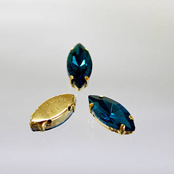 Стрази в золотих цапах. Лодочка 7х15мм.Квіт Blue Zircon