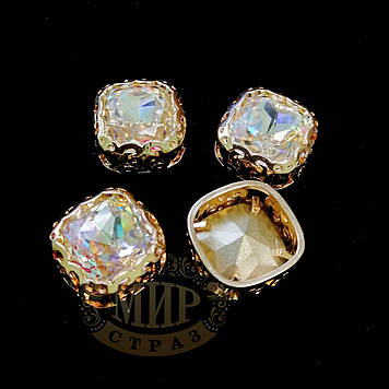 Стрази в ажурних золотих цапах Люкс, 10 мм, М'який квадрат, колір Super AB, 1 шт.