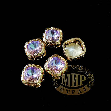 Стрази в ажурних золотих цапах Люкс, 10 мм, М'який квадрат, колір Vitrail Light, 1 шт.