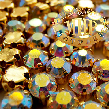 Круглі стрази в золотих цапах, розмір 5 мм, колір Crystal AB