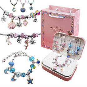 Великий набір для створення шарм браслетів та прикрас із намистин 120 шт в шкатулці Рожевий/Блакитний (60330)