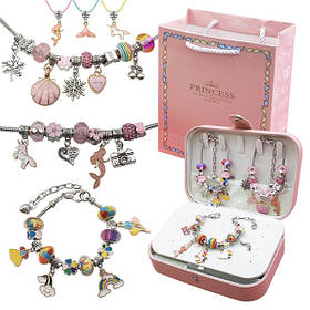 Великий набір для створення браслетів шарм та прикрас з намистин 120 шт в шкатулці Рожевий/Райдужний (60331)