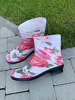 Женские резиновые сапоги розы на белом ажуре 41 гумові чоботи жіночі калоші зимові ева eva утеплені модні