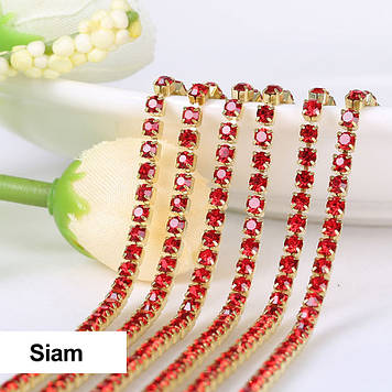 Стразовий  ланцюжок, колір lt. Siam, ss6 (2mm), метал золото, 1м