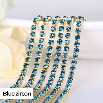 Стразовий ланцюжок, колір Blue Zircon, ss6 (2mm), метал золото, 1м