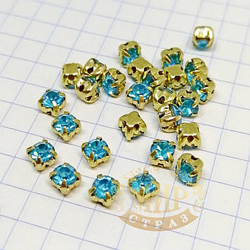Круглі стрази чатони в золотих цапах, розмір 4 мм, колір Aqua, 1 шт.