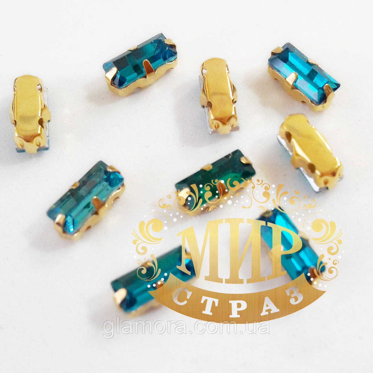 Пришивний прямокутник у золотих цапах, 3x7 мм, колір Blue Zircon