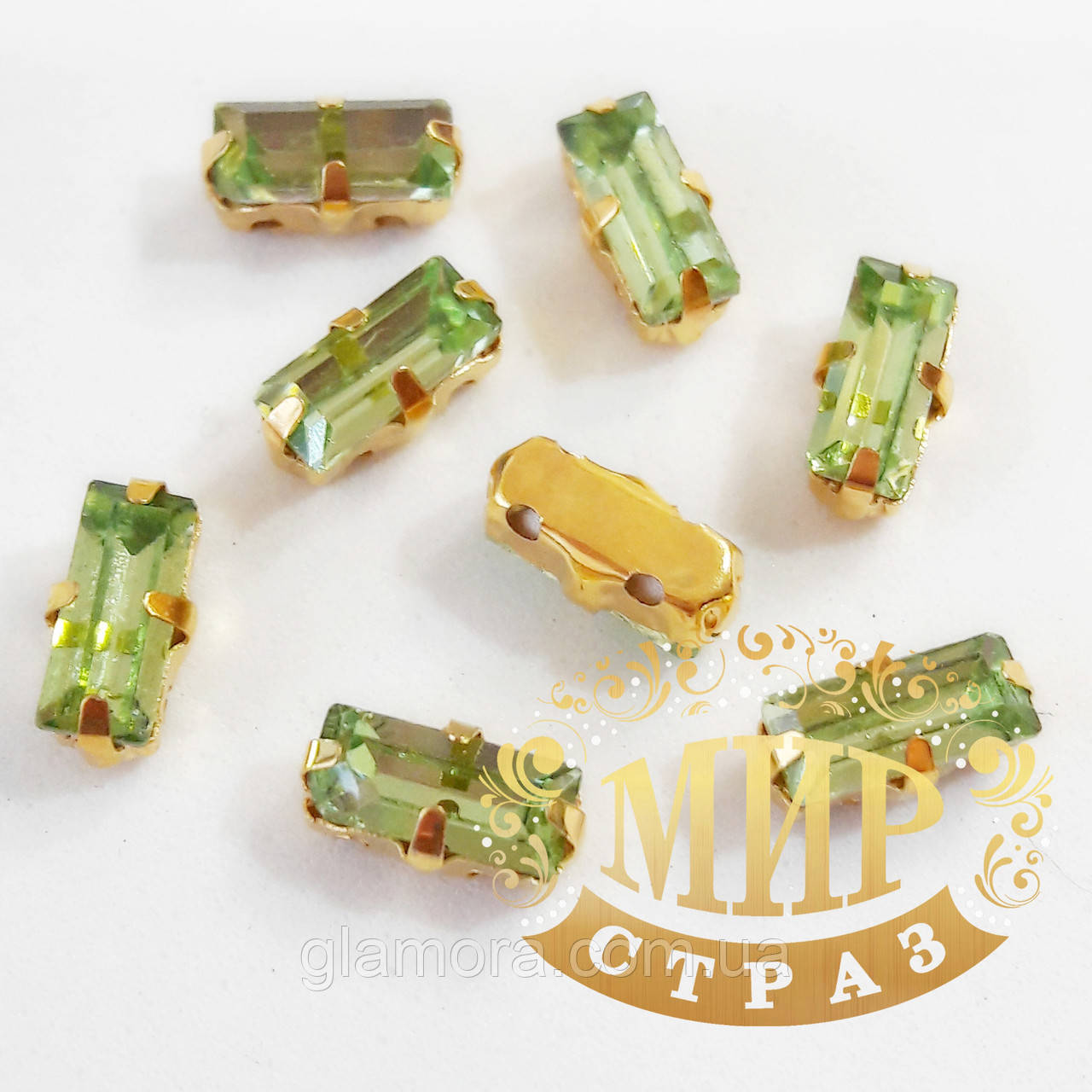 Пришивний прямокутник у золотих цапах, 3x7 мм, колір Peridot