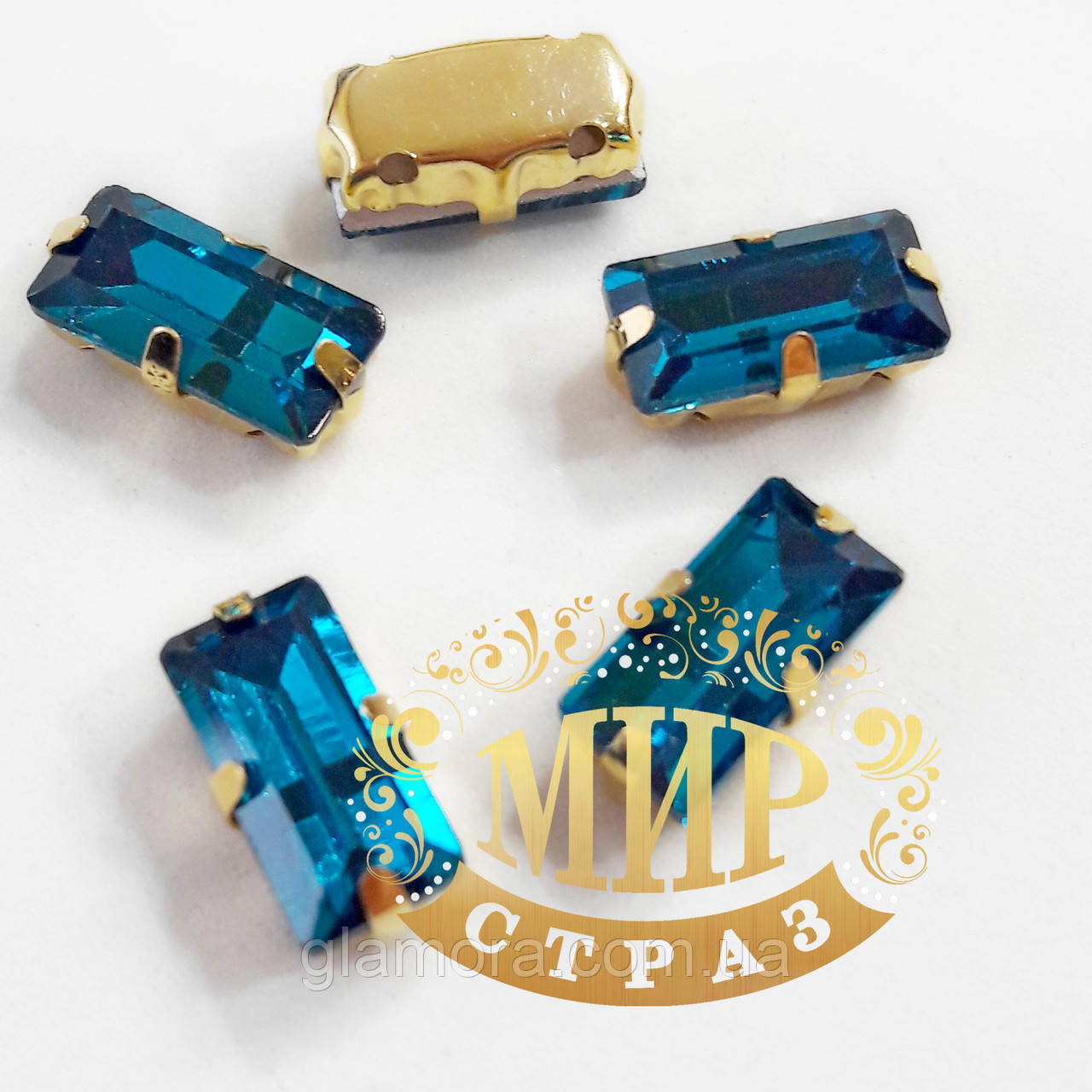 Пришивний прямокутник у золотих ланцюгах, 5x10 мм, Blue Zircon