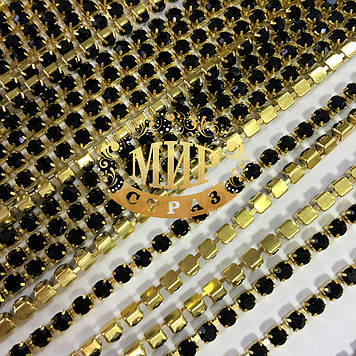 Стразовий золотий ланцюжок ss10(2,8 mm) Колір Jet 1м