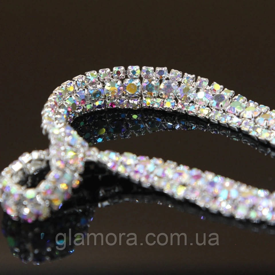 Стразовий 3-рядний ланцюжок (ширина 1 см), колір Сrystal AB(срібна основа), 1метр, фото 1