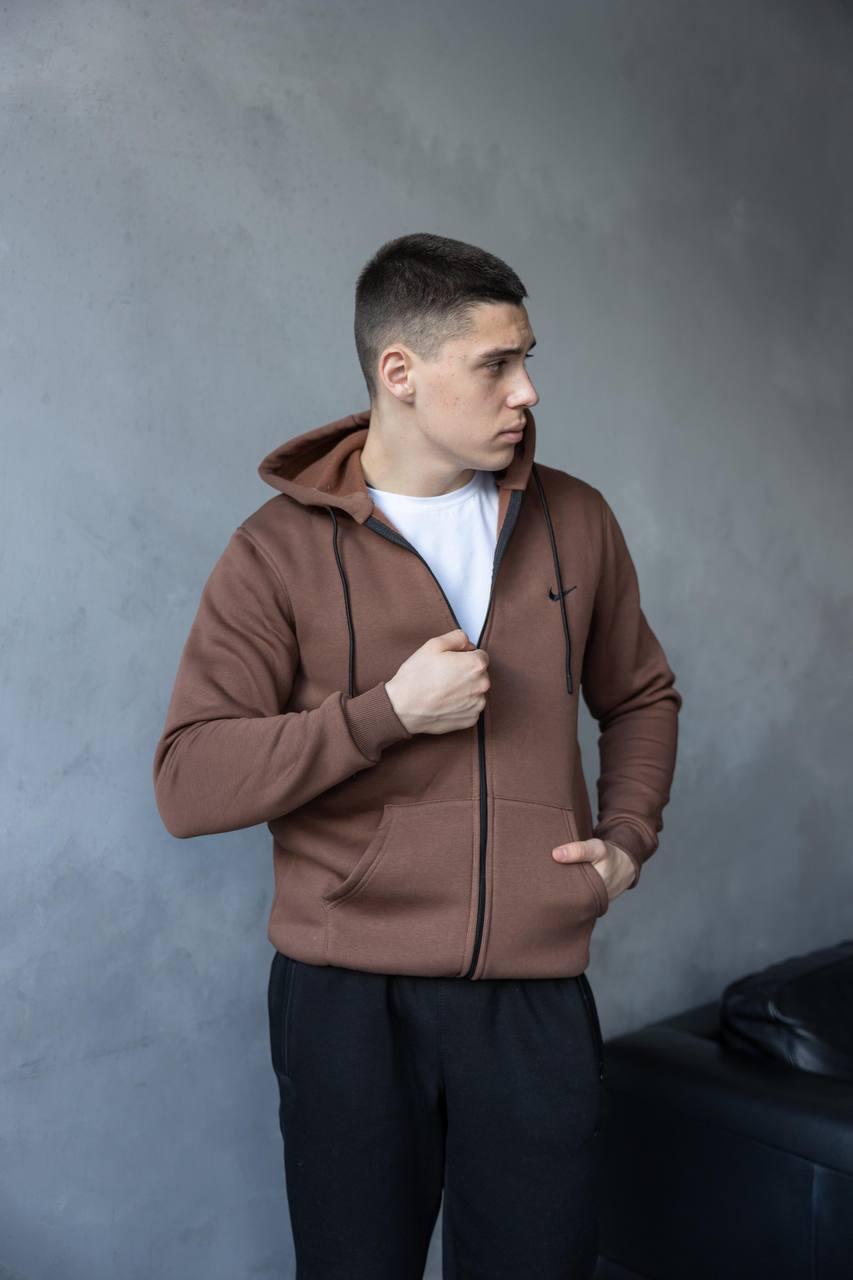 Мужская толстовка, спортивная кофта с капюшоном на молнии, коричневый ...