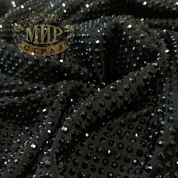 Стразова лайкра чорна з камінням Jet, ss12 (3 мм), 150х100 см