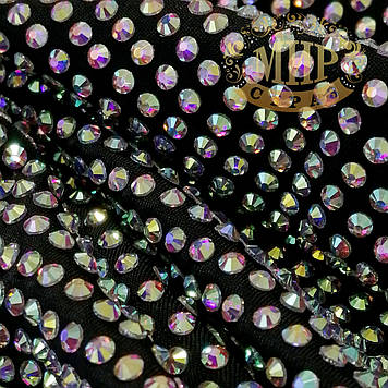 Стразова лайкра чорна з камінням Crystal AB, ss12 (3 мм), 155х100 см