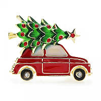 Брошь булавка с камнями новогодний автомобиль с елкой цвет красный зеленый