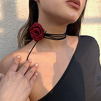 Чокер на шею на черном шнурке в виде розы цвет бордовый