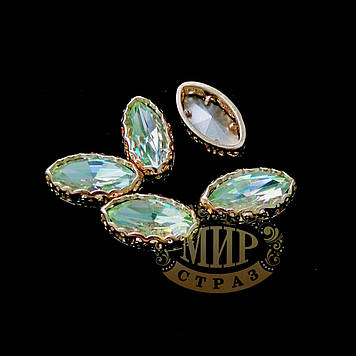 Стрази човника в ажурних ланцюгах Люкс, колір Laser Peridot, 7х15мм, 1 шт.