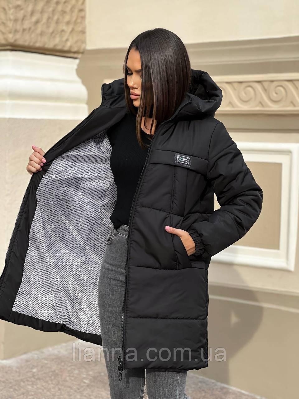 Тёплое женское пальто куртка с капюшоном на молнии чёрное 42-44 46-48 50-52 54-56 - фото 3 - id-p2021242746