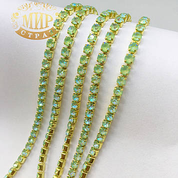 Стразовий ланцюжок ss12 (3.2 mm), колір металу Золото, стрази Peridot Delite, 10 см