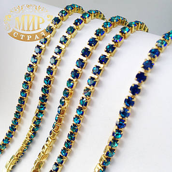 Стразовий  ланцюжок ss12 (3.2 mm), колір металу Золото, стрази Bermuda Blue, 10 см