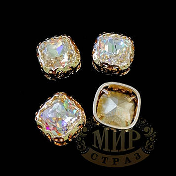 Стрази в ажурних золотих ланцюгах Люкс, 12 мм, М'який квадрат, колір Super AB, 1 шт.