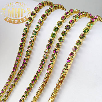 Стразовий ланцюжок ss12 (3.2 mm), колір металу Золото, стрази Rainbow, 10 см