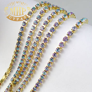 Стразовий  ланцюжок ss12 (3.2 mm), колір металу Золото, стрази Vitrail Light, 10 см