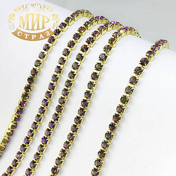 Стразовий ланцюжок ss 6 (2 mm), колір металу Золото, стрази Paradise Shine, 10 см