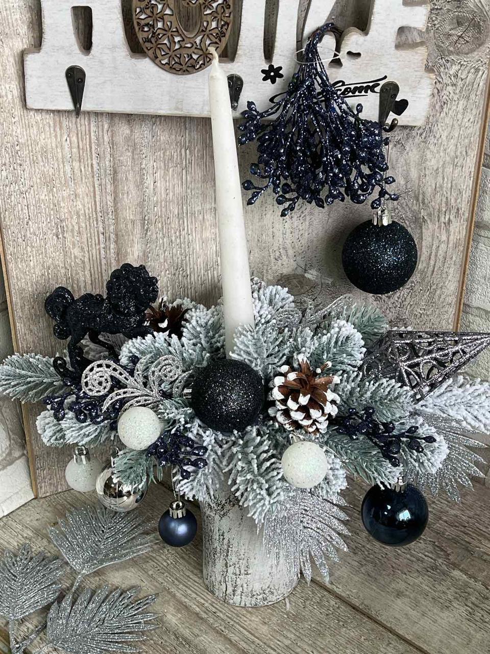 Новорічний підсвічник  зі свічкою на пеньочку, різдвяна композиція на стіл, висота 25-30 см, фото 1