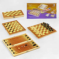 Настільна гра 3в1, шахи, шашки і нарди на дерев'яній дошці, класика