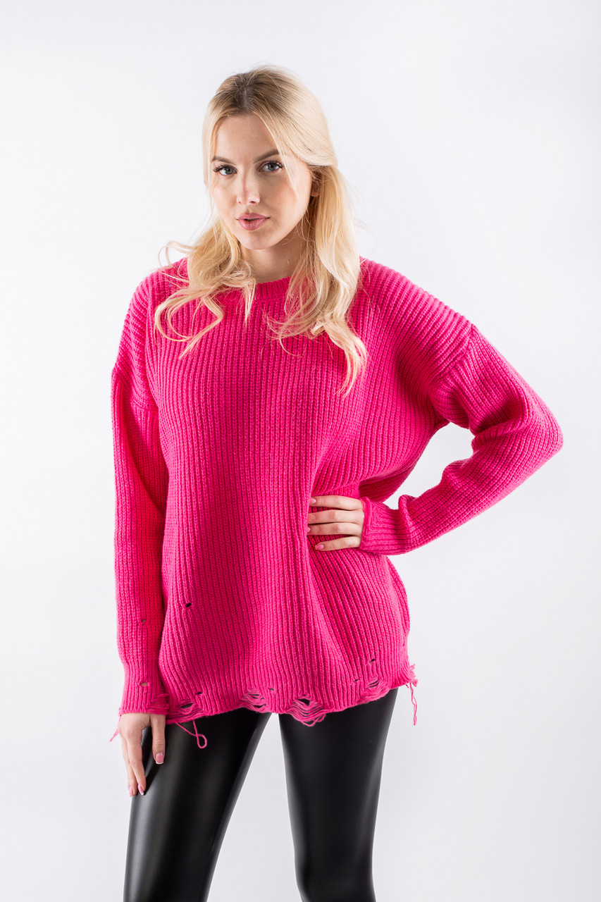 Жночий джемпер з рваностями фуксія 62016 ONE SIZE (2000000120812), фото 1