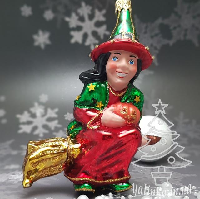 Стеклянная елочная игрушка Snegka Poland відьма з гарбузом morozko Стеклянная елочная игрушка відьма Snegka Poland yalinka.in.ua morozko