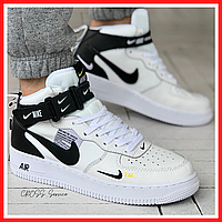 Кроссовки мужские Nike Air Force 1 Mid white black / Найк аир Форс мид белые черные