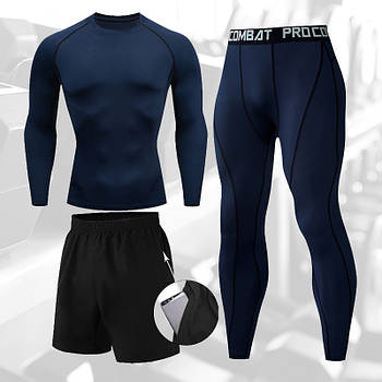 Спортивниий компресійний одяг для спорту чоловічий 3в1 комплект Индонезия синій (без бренду). Живе фото