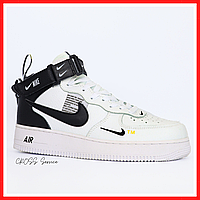 Кроссовки мужские Nike Air Force 1 Mid white black / Найк аир Форс мид бело-черные высокие