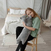 Интерьерная мягкая игрушка обнимашка плюшевая подушка для сна Кот Батон 70 см Серый