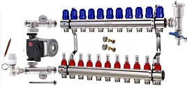 Коллектор KOER для теплого пола на 12 выходов в сборе с насосом