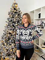 Вязаный женский рождественский свитер с оленями без горла, новогодняя кофта теплая джемпер синий размер 42-44