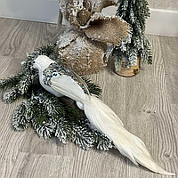 Декоративная белая птица 35 см для украшения елки на клипсе (натуральный пух и перо)