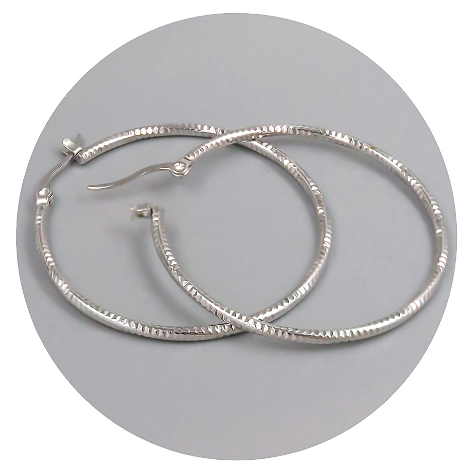 Сережки-кільця рифлені Stainless Steel. Сталь. Родій. Діаметр: 45 мм. Ширина: 2 мм.