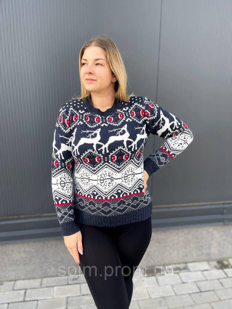 Вязаный женский рождественский свитер с оленями без горла, новогодняя кофта теплая джемпер синий размер 42-44 - фото 3 - id-p2021550059